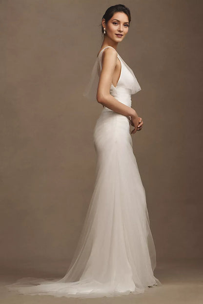 Stylish Sheath Classic-Neck Sleeveless Open-Back Floor-Length Wedding Formal Dress