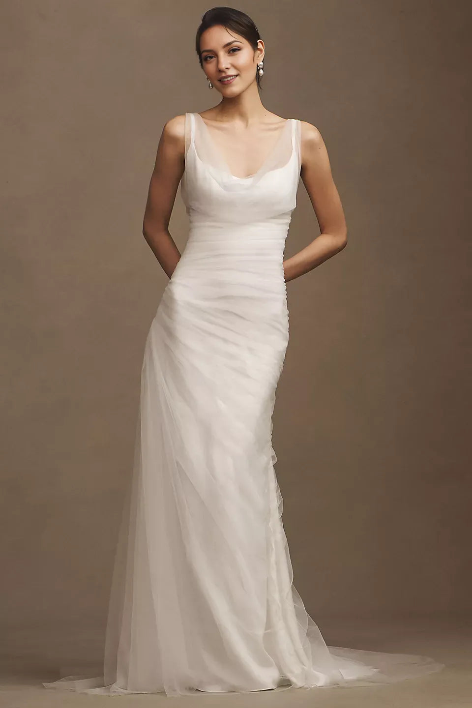 Fashion Sheath Cowl Neck Sleeveless Asymmetric Ruched Open-Back Floor-Length Wedding Dresses