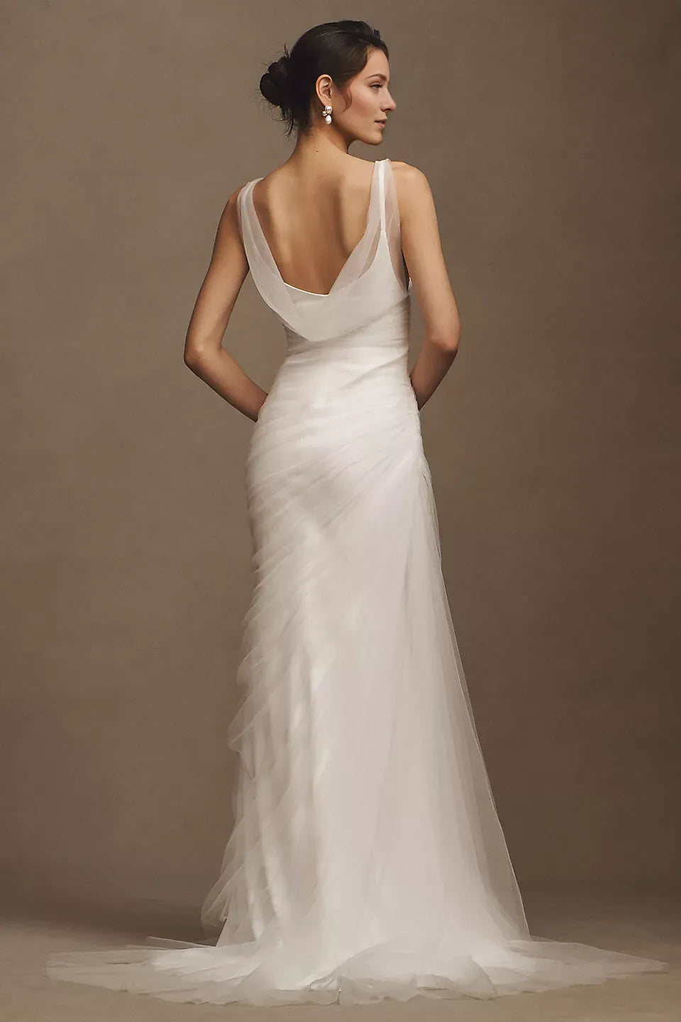 Fashion Sheath Cowl Neck Sleeveless Asymmetric Ruched Open-Back Floor-Length Wedding Dresses