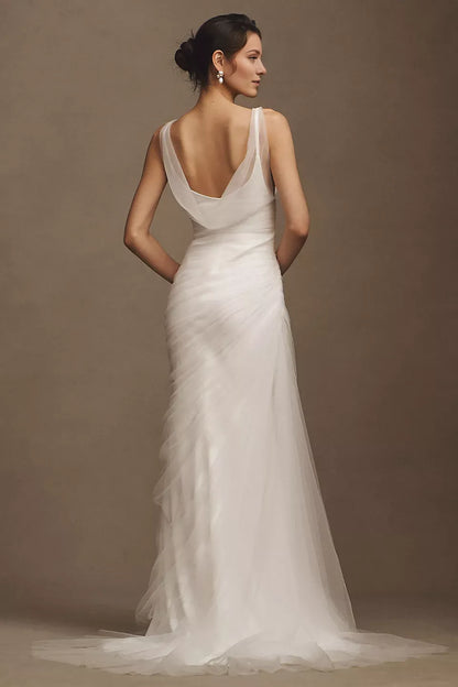 Stylish Sheath Classic-Neck Sleeveless Open-Back Floor-Length Wedding Formal Dress