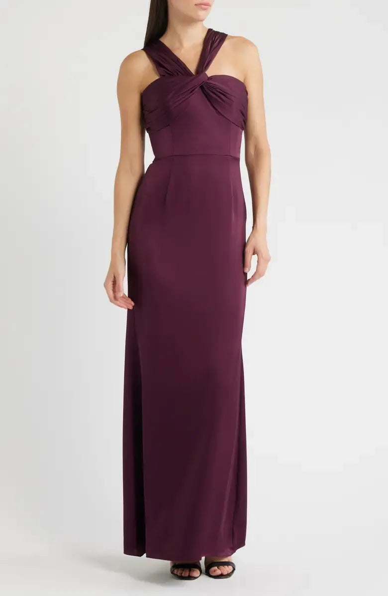 Special Occasion Sophisticated Elegant Purple Satin Sheath Halter Sleeveless Floor-Length Prom Dress