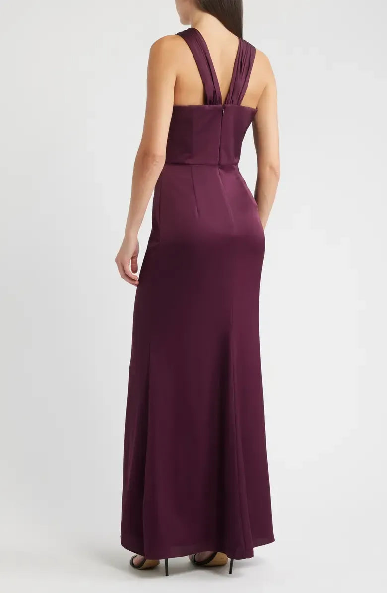 Special Occasion Sophisticated Elegant Purple Satin Sheath Halter Sleeveless Floor-Length Prom Dress