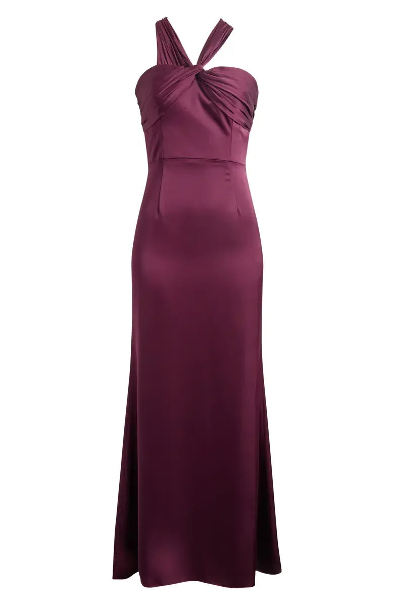Special Occasion Sophisticated Elegant Purple Satin Sheath Halter Sleeveless Floor-Length Prom Dress