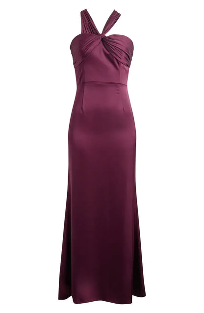 Special Occasion Sophisticated Elegant Purple Satin Sheath Halter Sleeveless Floor-Length Prom Dress