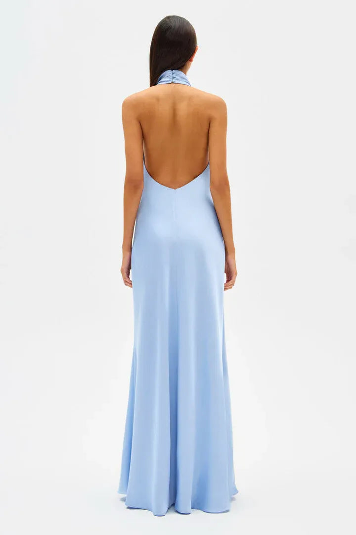 Beautiful Elegant Light Blue Satin Sheath High Neck Sleeveless Floor-Length Prom Dress