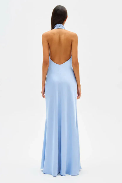 Beautiful Elegant Light Blue Satin Sheath High Neck Sleeveless Floor-Length Prom Dress