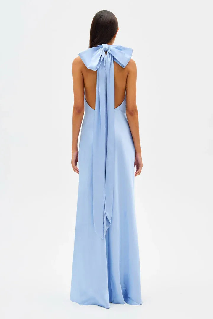 Beautiful Elegant Light Blue Satin Sheath High Neck Sleeveless Floor-Length Prom Dress