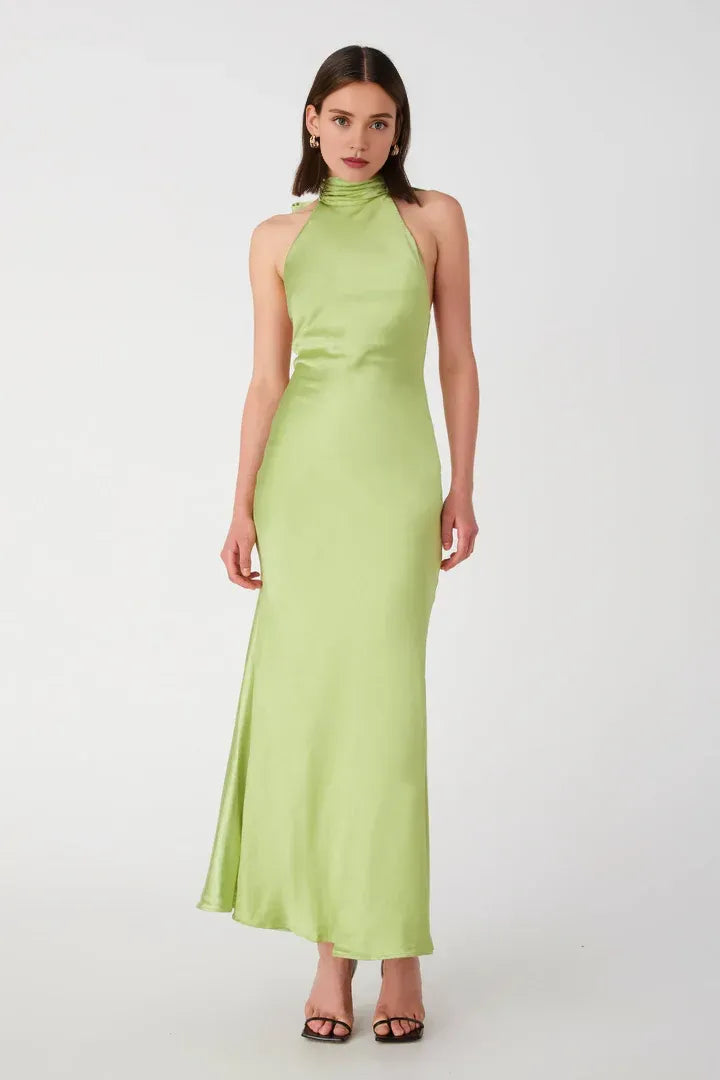 Beautiful Elegant Light Blue Satin Sheath High Neck Sleeveless Floor-Length Prom Dress