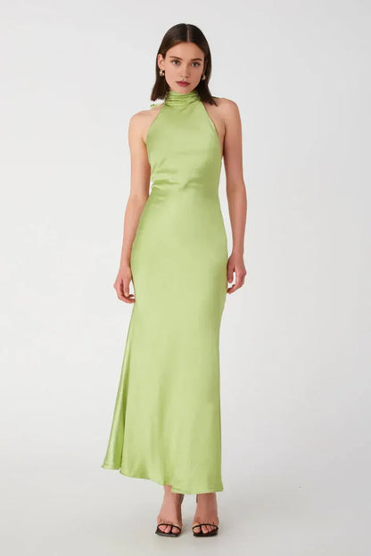 Beautiful Elegant Light Blue Satin Sheath High Neck Sleeveless Floor-Length Prom Dress