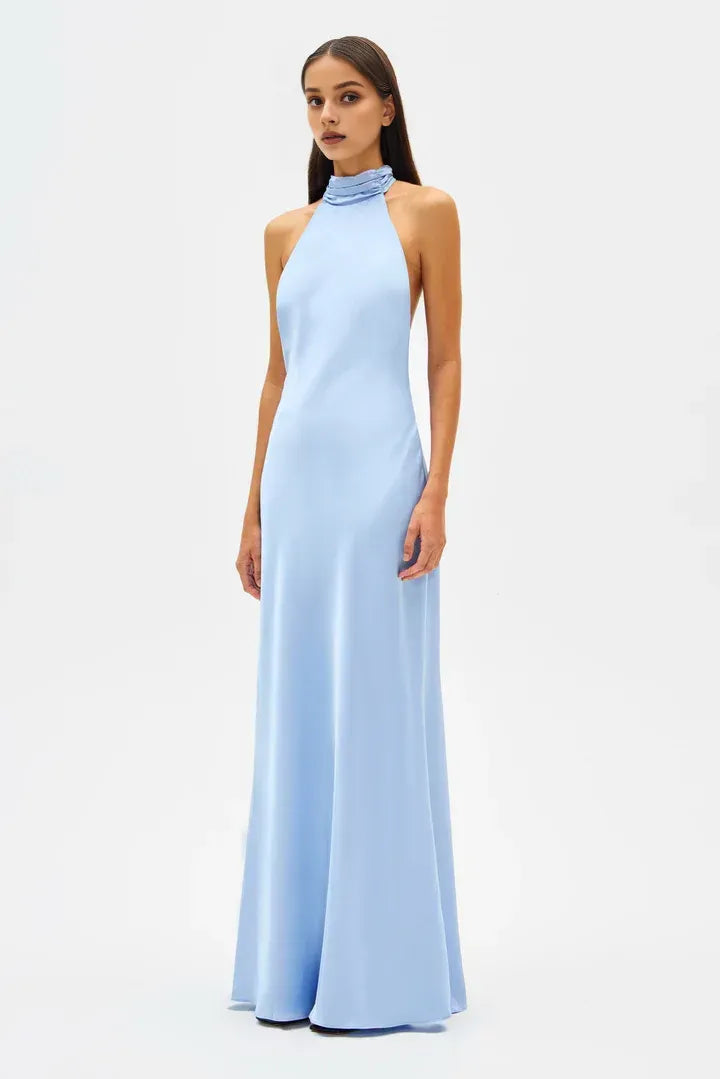 Beautiful Elegant Light Blue Satin Sheath High Neck Sleeveless Floor-Length Prom Dress