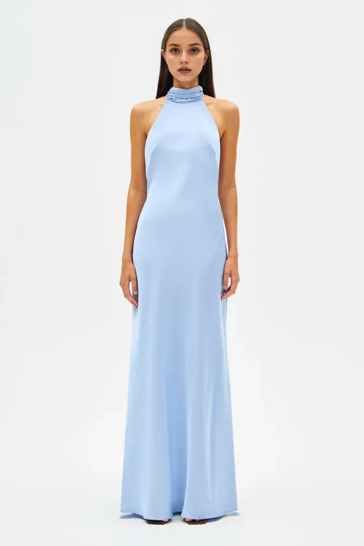 Beautiful Elegant Light Blue Satin Sheath High Neck Sleeveless Floor-Length Prom Dress