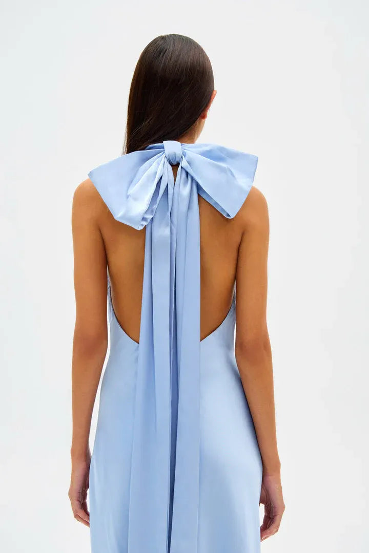 Beautiful Elegant Light Blue Satin Sheath High Neck Sleeveless Floor-Length Prom Dress