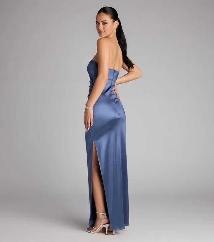 Elegant Midi Strapless Tube Ruched Side Slit Long Evening Dress