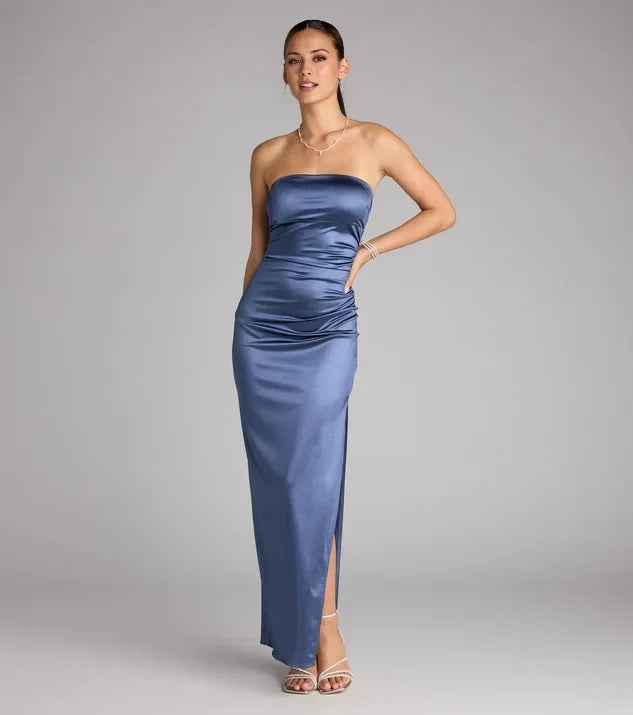 Elegant Midi Strapless Tube Ruched Side Slit Long Evening Dress