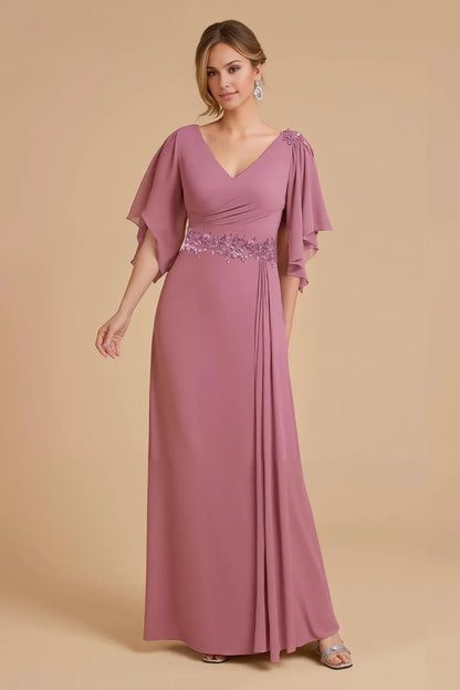 Elegant Dusty Rose Chiffon Sheath V-Neck Floor-Length Mother of the Bride Dress