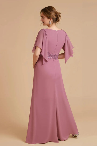 Elegant Dusty Rose Chiffon Sheath V-Neck Floor-Length Mother of the Bride Dress