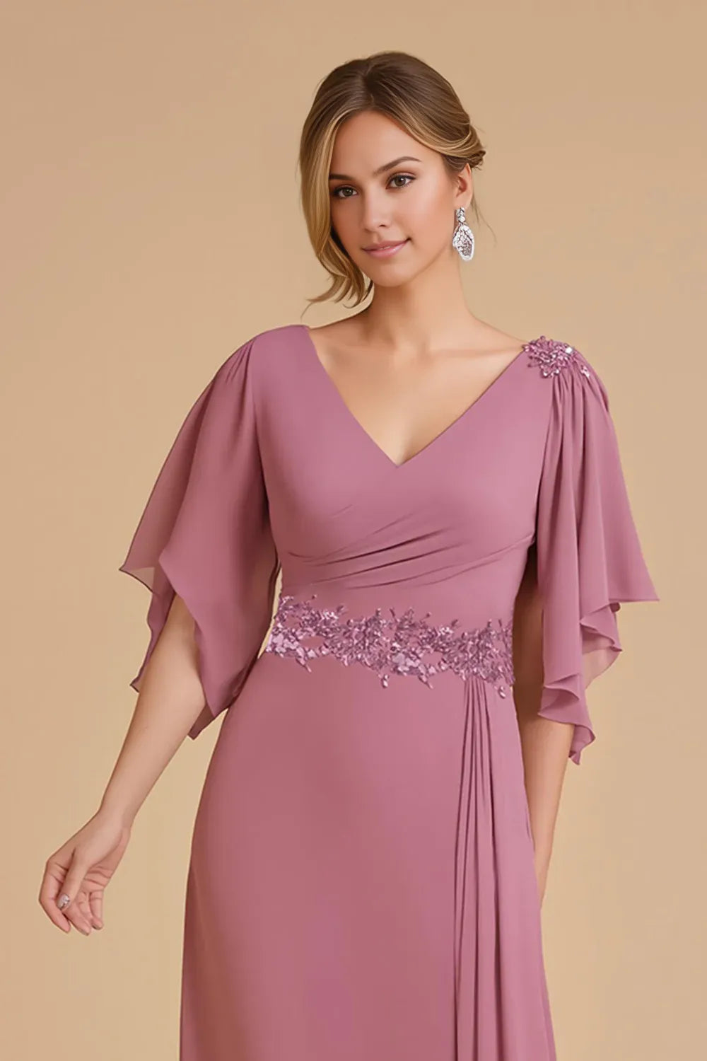 Elegant Dusty Rose Chiffon Sheath V-Neck Floor-Length Mother of the Bride Dress