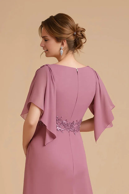 Elegant Dusty Rose Chiffon Sheath V-Neck Floor-Length Mother of the Bride Dress