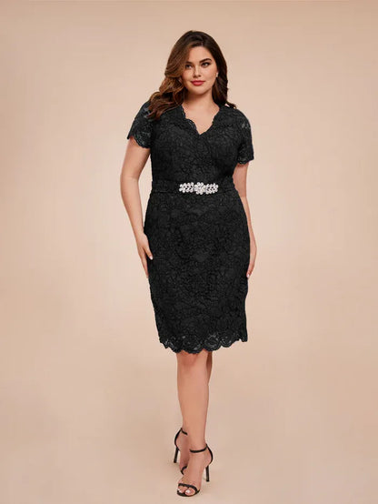 Elegant Black Lace Sheath V-Neck Short Sleeve Knee-Length Mother of the Bride Dress