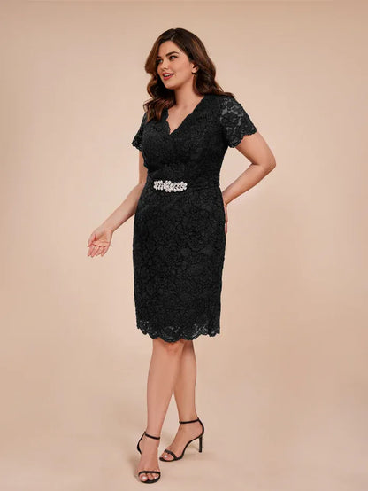 Elegant Black Lace Sheath V-Neck Short Sleeve Knee-Length Mother of the Bride Dress
