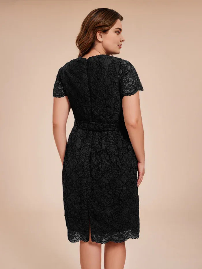 Elegant Black Lace Sheath V-Neck Short Sleeve Knee-Length Mother of the Bride Dress