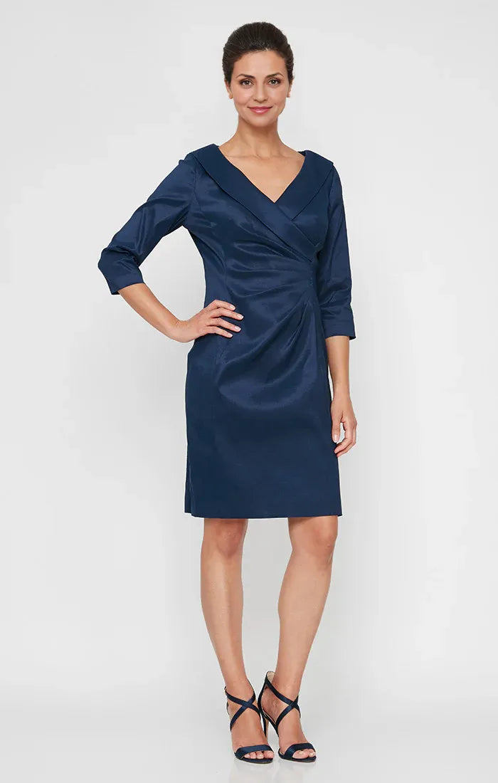 Elegant Navy Blue Satin Sheath Long Sleeve Knee-Length Mother of the Bride Dress