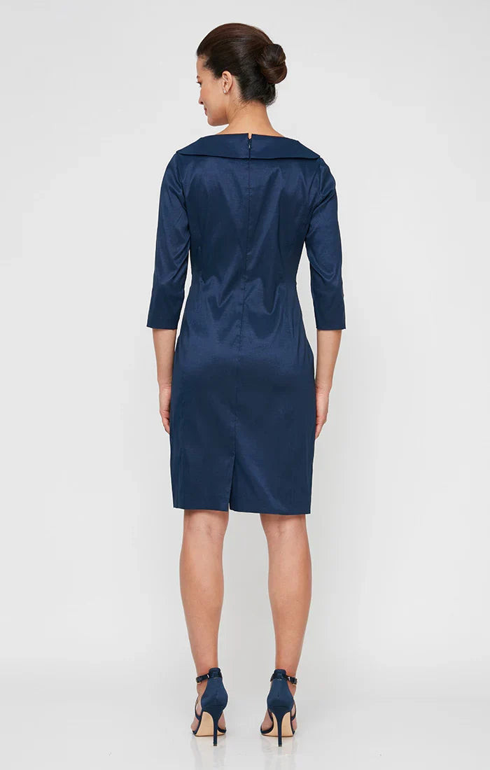 Elegant Navy Blue Satin Sheath Long Sleeve Knee-Length Mother of the Bride Dress