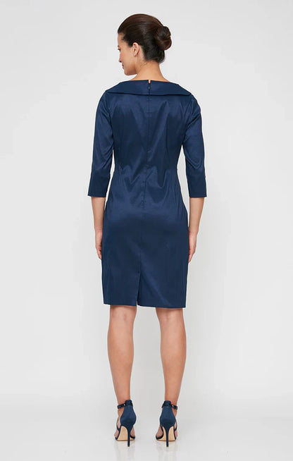 Elegant Navy Blue Satin Sheath Long Sleeve Knee-Length Mother of the Bride Dress
