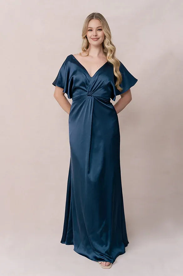 Timeless Special Occasion Elegant Blue Satin Sheath Short Sleeve Floor-Length Prom Dress