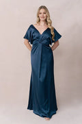 Timeless Special Occasion Elegant Blue Satin Sheath Short Sleeve Floor-Length Prom Dress