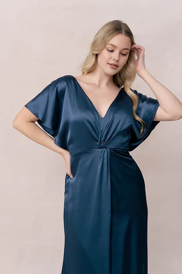 Timeless Special Occasion Elegant Blue Satin Sheath Short Sleeve Floor-Length Prom Dress