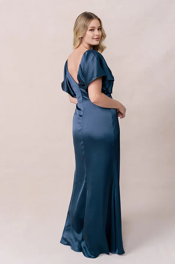 Timeless Special Occasion Elegant Blue Satin Sheath Short Sleeve Floor-Length Prom Dress