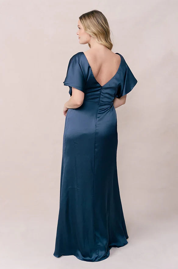 Timeless Special Occasion Elegant Blue Satin Sheath Short Sleeve Floor-Length Prom Dress