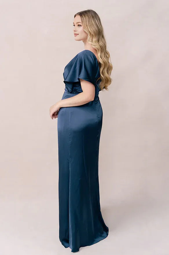 Timeless Special Occasion Elegant Blue Satin Sheath Short Sleeve Floor-Length Prom Dress