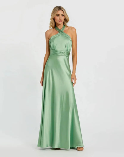 Special Occasion Sophisticated Graceful Elegant Gold Satin A-Line Halter Sleeveless Floor-Length Prom Dress