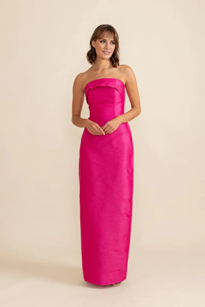 Fuchsia Strapless Foldover-Neck Column Prom Dress
