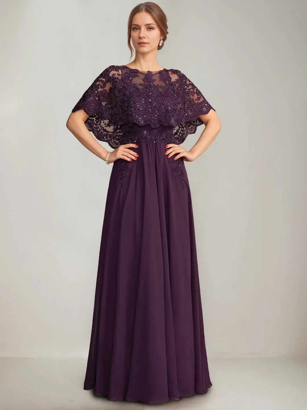 Boat-Neck Cape Sleeve Pleated Zip-Back Floor-Length Mother of the Bride Dresses with Appliques Sequins
