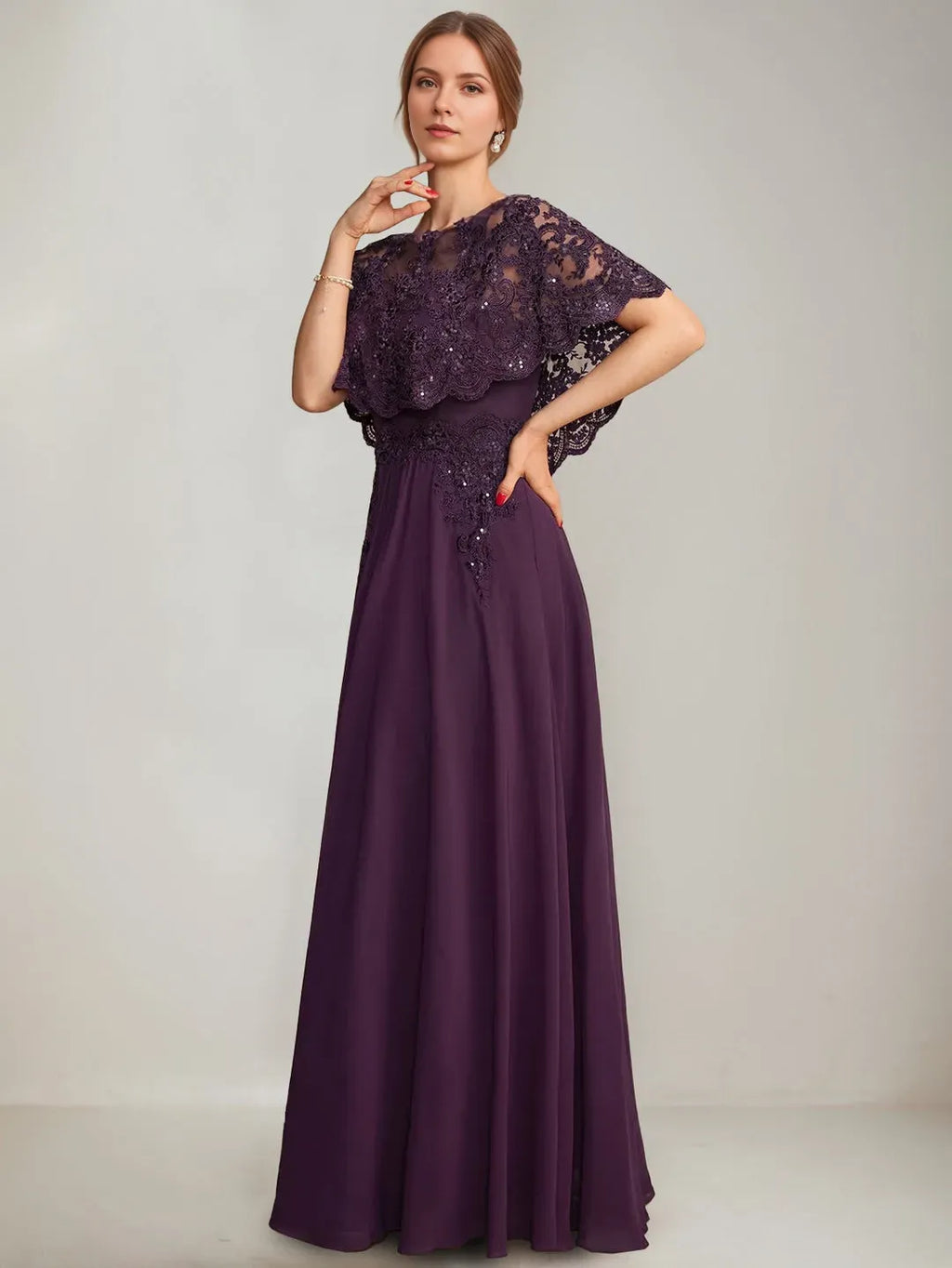 Boat-Neck Cape Sleeve Pleated Zip-Back Floor-Length Mother of the Bride Dresses with Appliques Sequins