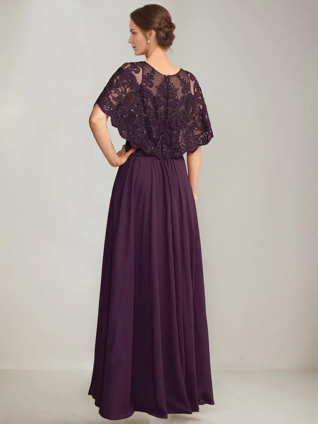 Boat-Neck Cape Sleeve Pleated Zip-Back Floor-Length Mother of the Bride Dresses with Appliques Sequins