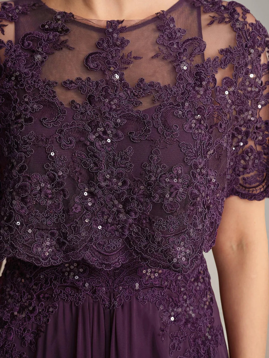 Boat-Neck Cape Sleeve Pleated Zip-Back Floor-Length Mother of the Bride Dresses with Appliques Sequins