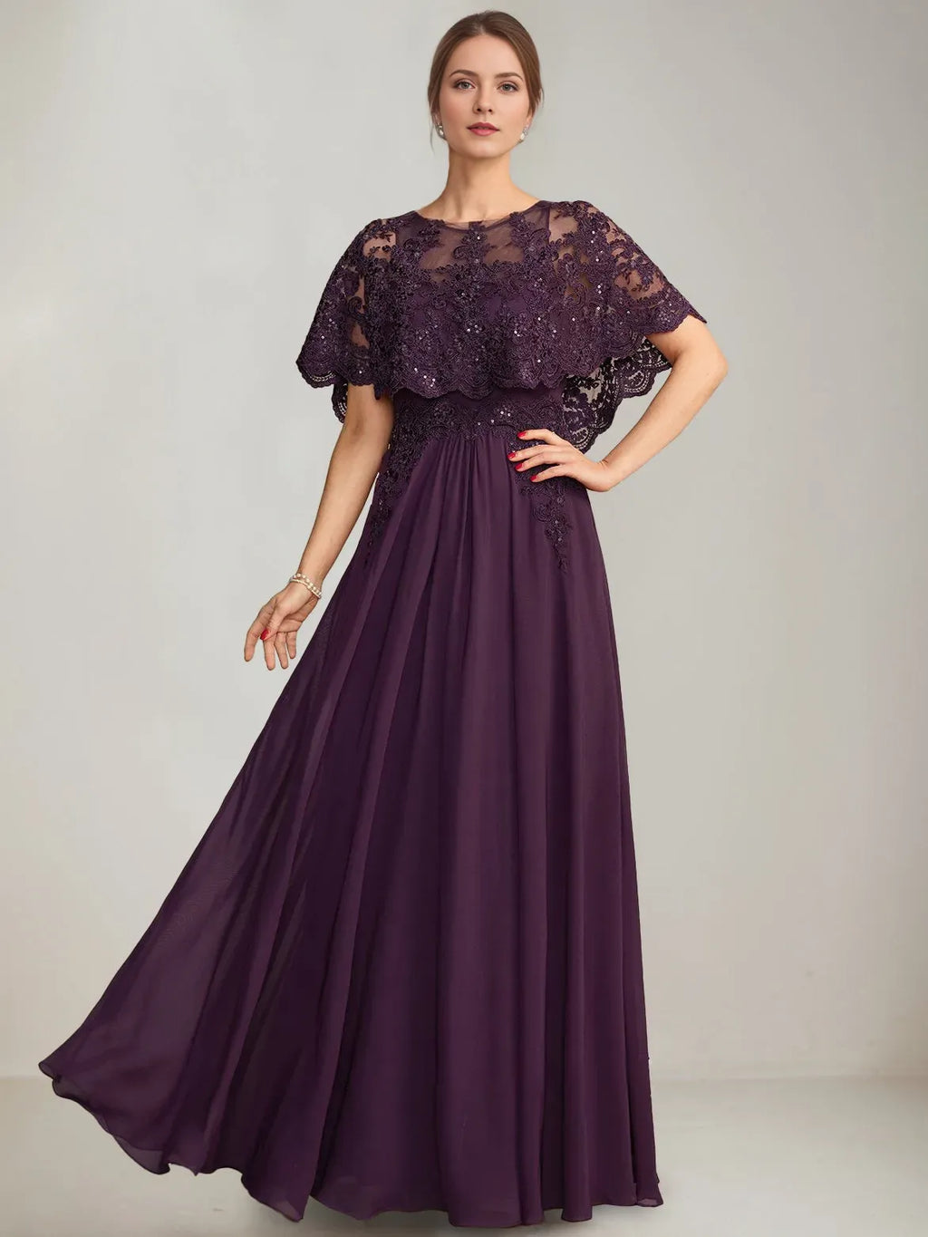 Boat-Neck Cape Sleeve Pleated Zip-Back Floor-Length Mother of the Bride Dresses with Appliques Sequins