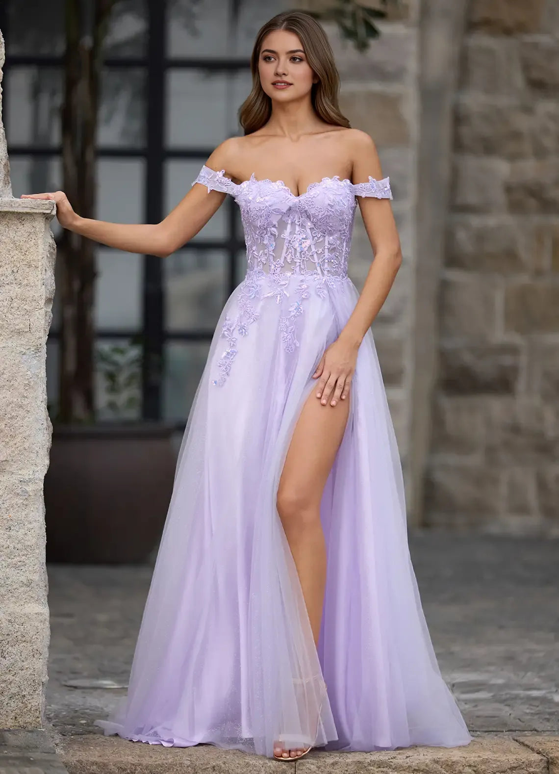 Off-Shoulder Sleeveless Floral Lace-Embellished Back Zip Prom Dress with Sequins Petticoat