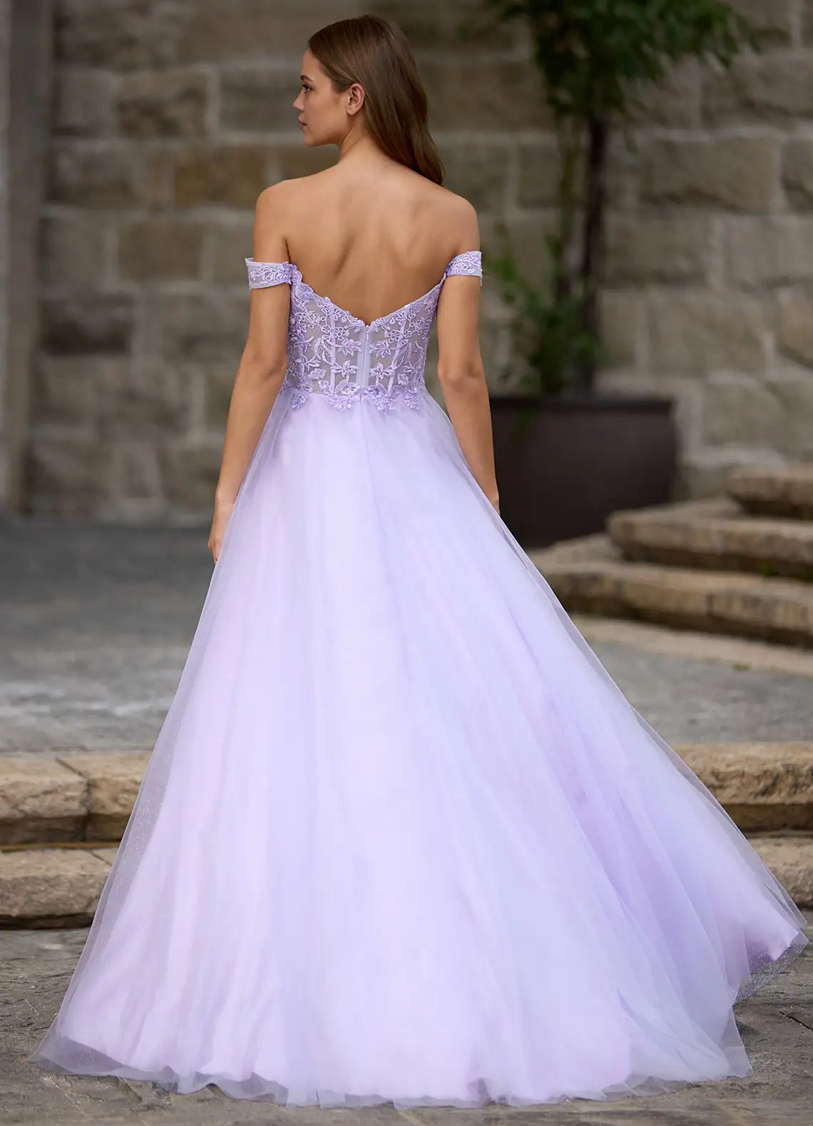 Off-Shoulder Sleeveless Floral Lace-Embellished Back Zip Prom Dress with Sequins Petticoat