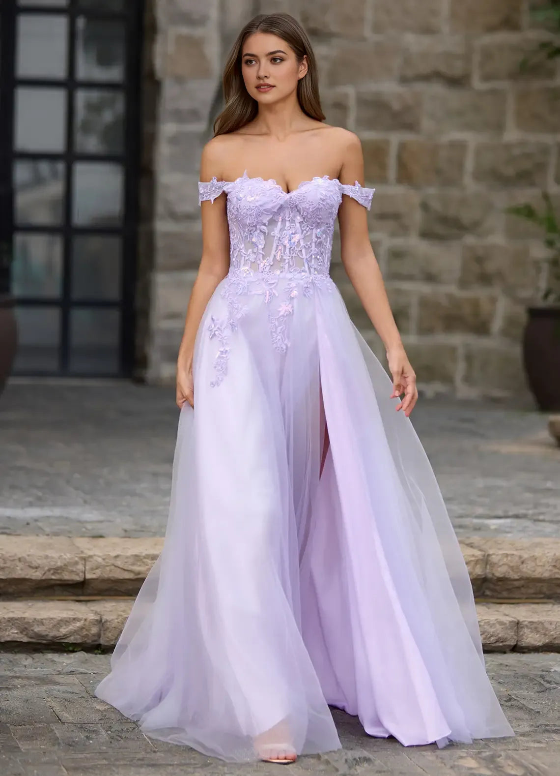 Off-Shoulder Sleeveless Floral Lace-Embellished Back Zip Prom Dress with Sequins Petticoat