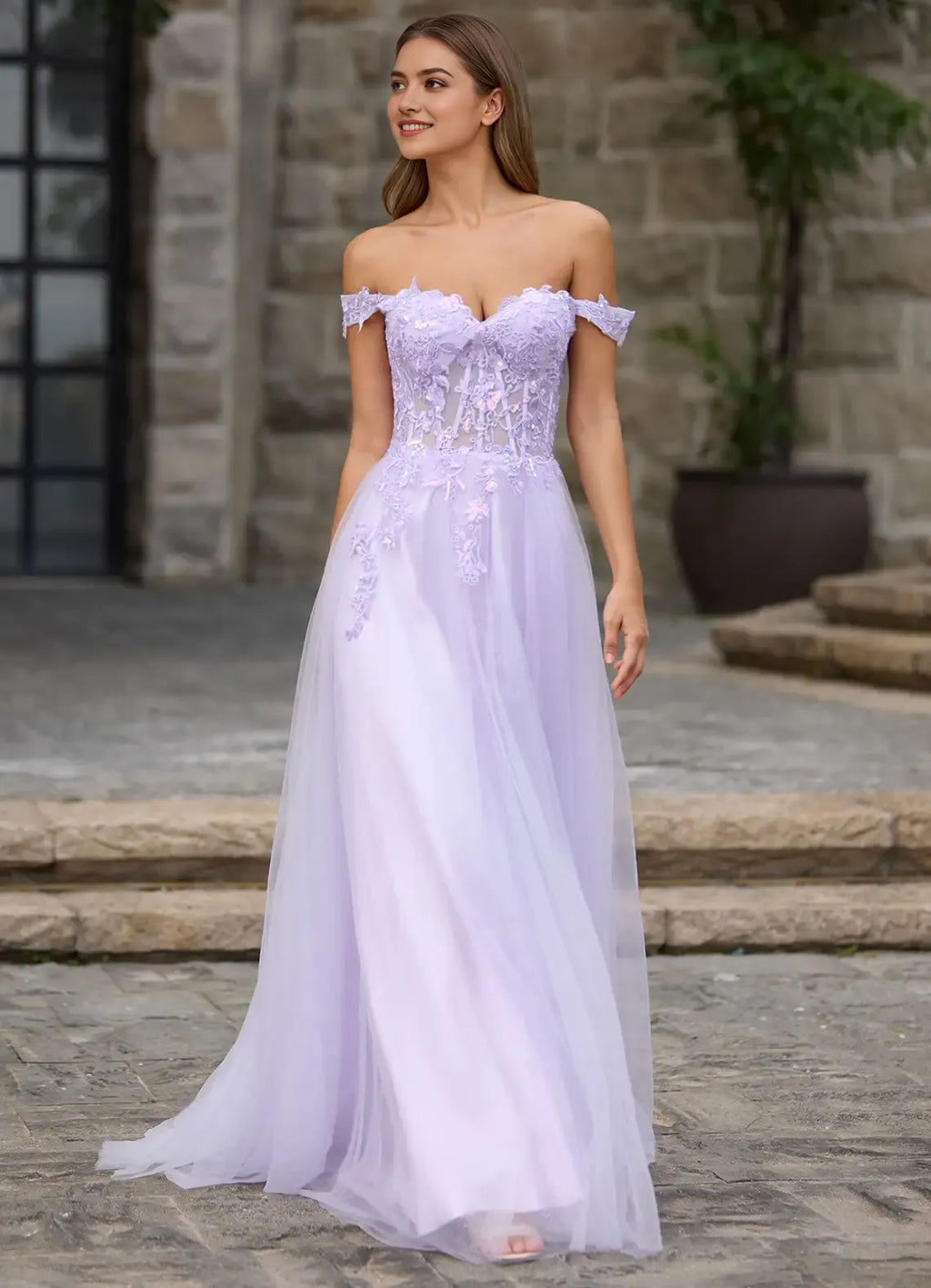 Off-Shoulder Sleeveless Floral Lace-Embellished Back Zip Prom Dress with Sequins Petticoat