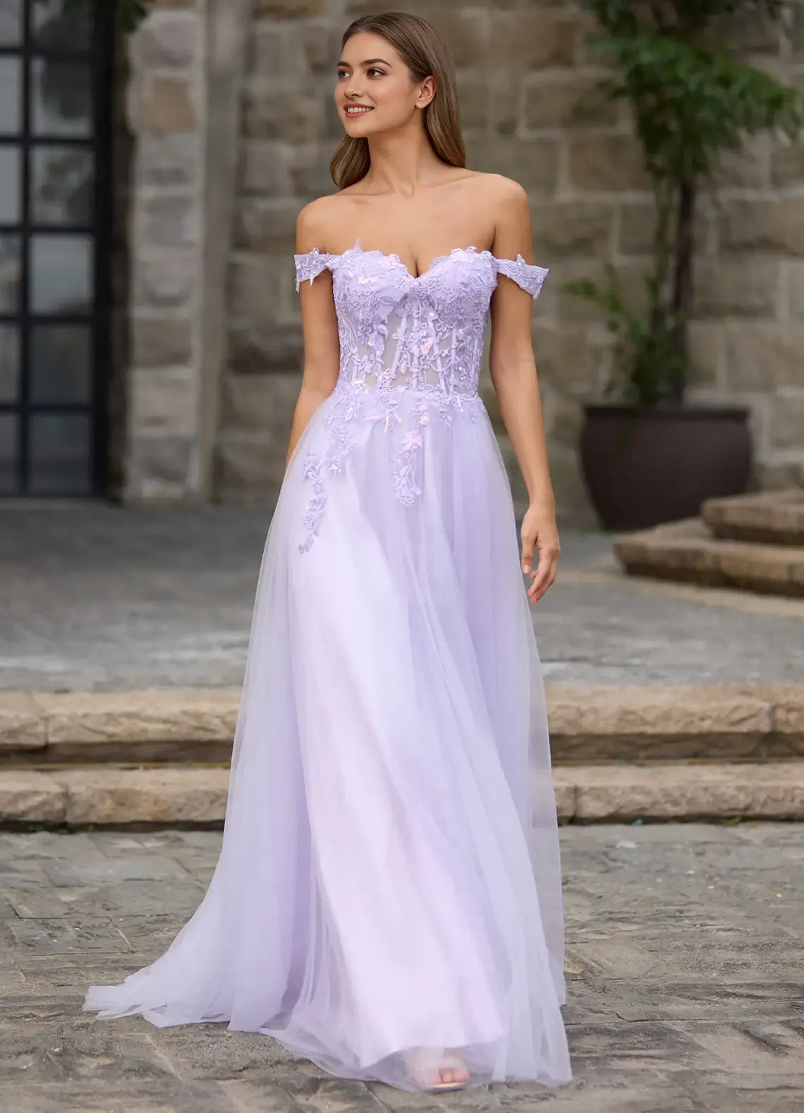 Off-Shoulder Sleeveless Floral Lace-Embellished Back Zip Prom Dress with Sequins Petticoat