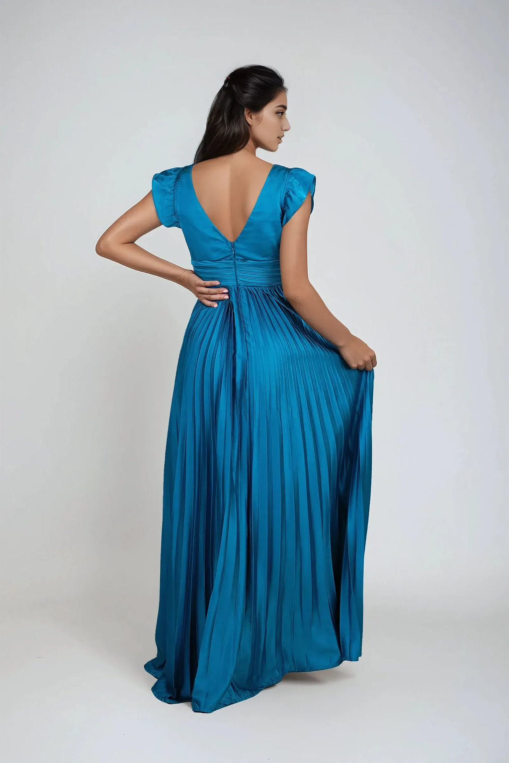Plunging V-Neck Ruffled Sleeve Back Zip High Side Slit Floor-Length Prom Dresses