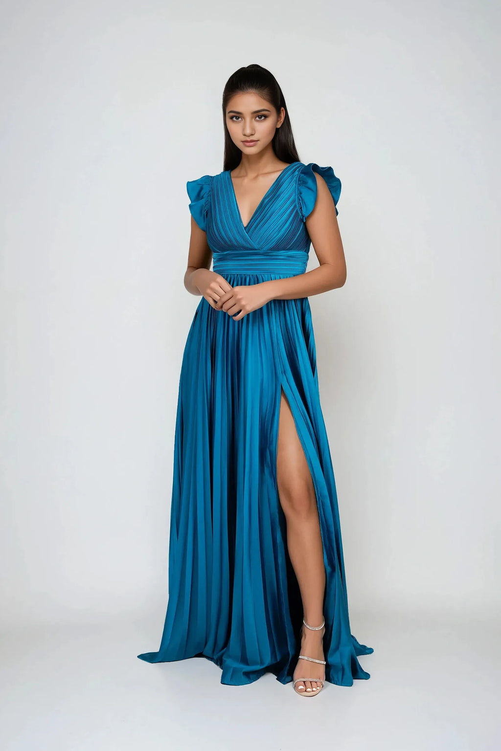 Plunging V-Neck Ruffled Sleeve Back Zip High Side Slit Floor-Length Prom Dresses