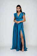 Plunging V-Neck Ruffled Sleeve Back Zip High Side Slit Floor-Length Prom Dresses