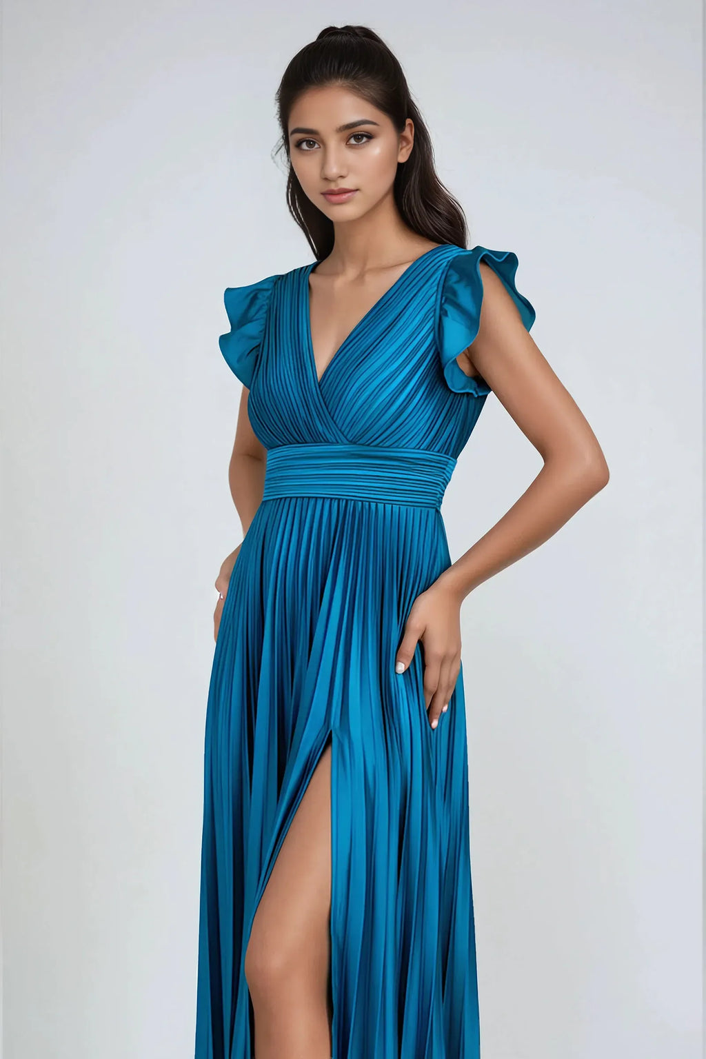 Plunging V-Neck Ruffled Sleeve Back Zip High Side Slit Floor-Length Prom Dresses